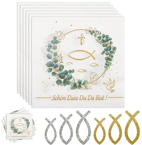 Scinzene Servietten Kommunion, Kommunion Servietten, 40 Stück Konfirmation Deko servietten Set mit & 60 Deko Fischen, Tischdeko Taufe Junge Mädchen, Eukalyptus Design Gold Fisch Ichthys