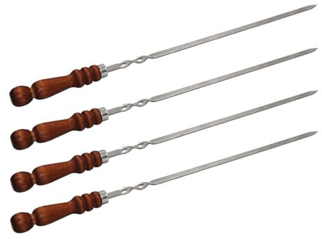 4 pinchos para barbacoa de acero inoxidable con mango de madera, 65 cm de largo, 1,2 cm de ancho, 3 mm de grosor, pinchos para carne