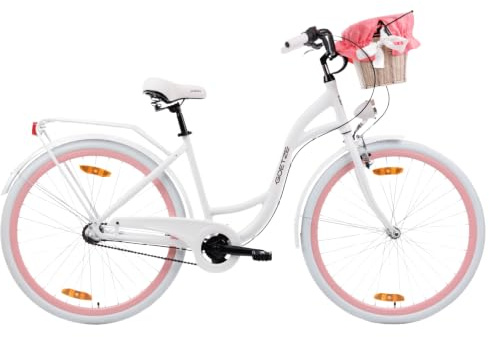Goetze Style 28 Zoll Laufrad Damen CityBike Komfort Fahrrad mit 3-Gang | 18 Zoll ALU Rahmen, Tiefeinsteiger, 14 kg, Rücktrittbremse & V-Brake, LED-Beleuchtung, Rattankorb, Gepäckträger & Klingel