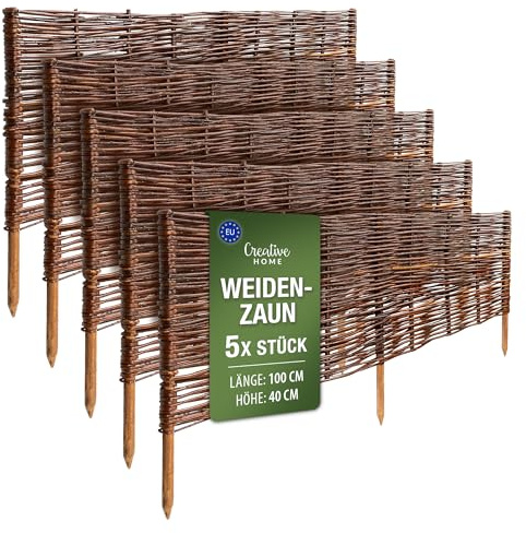 Creative Home Set de 5 Vallas de Mimbre Natural | Tamaño: 100 x 40 cm (+/- 1 cm) | Valla de Jardín para Delimitar Parterres Decorativa | Cerramiento Cercado de Césped | para Jardín Balcón Terraza