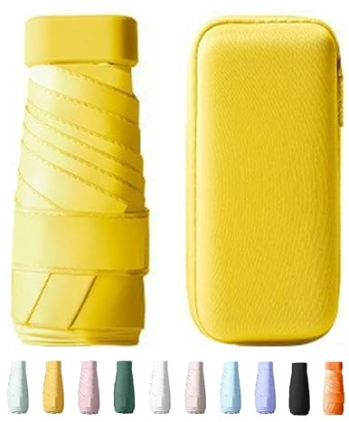 Yanrunce Ombrello Portatile Antivento e UV, Mini Ombrello Tascabile, Travel Ombrello Pieghevole per Borsa con Custodia, Mini Ombrello Pioggia UV Protezione Sole, 6 costole ombrello portatile (Giallo)