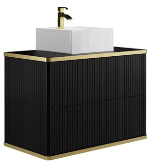 Vente-unique-Mueble de baño Flotante Rayado con Ribete Dorado y Lavabo sobre encimera - Negro - 80 cm - KELIZA