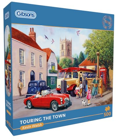 Gibsons Touring the Town 500 Piece Jigsaw Puzzle for Adults – Classic British Motoring Scene by Kevin Walsh – Vintage Town Artwork – Premium Sustainable Puzzle Made in the UK/EU