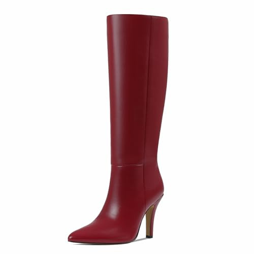 femflame Red Knee High Boots For Women Pointed Toe Stiletto Heel Dress Tall shoes Black Kitten Heel Wide Calf Boots Winter Boot For Women With Zipper