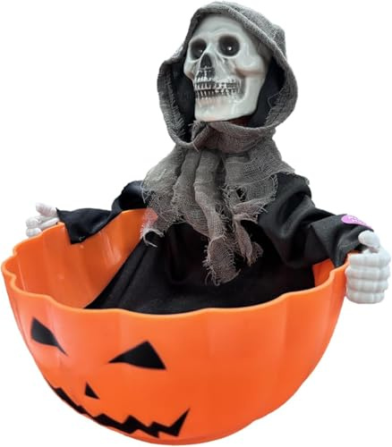 Generisch Halloween Süßigenschale mit Bewegungsmelder Animierte Skelett-Schüssel & Hexen-Halter - Leuchtende rote Augen, Gruselsounds für Dekoration (2)
