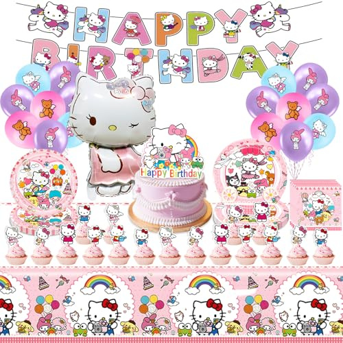 Ki-ty Pappteller Kindergeburtstag Deko, Ki-ty Partygeschirr Set, 86Stück Kity Geburtstag Deko, Rosa Geburtstagsdeko Mädchen, Luftballon Teller Servietten Tischdecke Banner Tortendeko