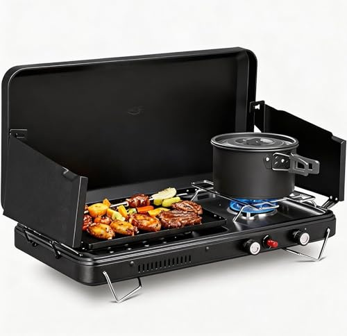 Bonnlo 2-in-1 Camping Stove with Propane Griddle, 15000 BTU Portable Gas Stove with Auto-Ignition, Foldable Windshield & Carry Handle, Camp Stove for Outdoor Cooking, BBQ, Frying, Camping, Tailgating