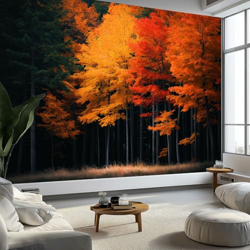 Papel Pintado Tejido No Tejido 250 x 175 cm (An x Al), Naranja Rojizo Fotomurales - Naturaleza Bosque Calidez Decoración de Pared con Murales Decorativos