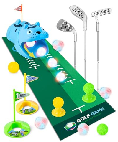 Kizmyee Minigolf Set Spielzeug für Kinder mit automatischem Ballrücklauf, Indoor Outdoor Golfkoffer Spiel Set mit LED-leuchtenden Golfbällen,3 Schlägern,Geschenke für Jungen und Mädchen ab 3 Jahren