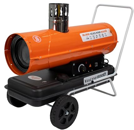 RURIS - Canon à Chaleur Diesel à Combustion Indirecte VULCANO 8000 - Débit 600 m³/h, Thermostat Réglable - Protection IPX4 - Chauffage Industriel Mobile - Réservoir 24 L - Puissance 20 kW (68 240 BTU)
