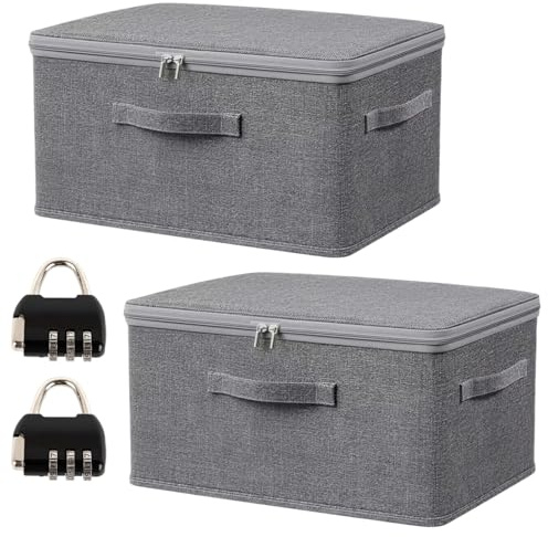 Rthynti 2 Pcs Lockable Fabric Storage Box with 2 Combination Lock, 30 X 20 X 14 cm Lockable, Large Collapsible Clothes Wardrobe Storage Box with Lid for Bedding Clothes Toys Medicines