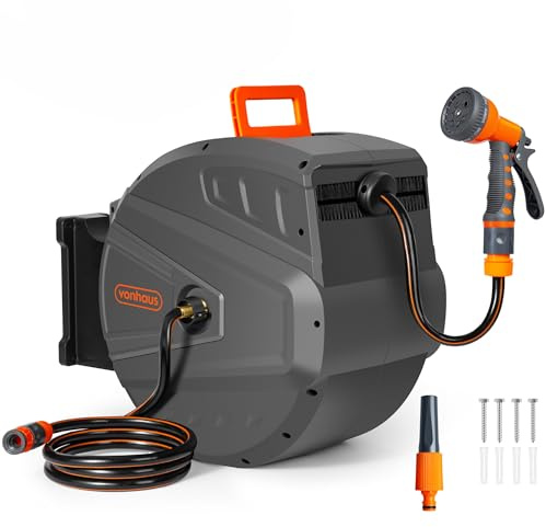VonHaus Hose Reel - Wall Mounted Hose Reel for Garden, Retractable, Auto Lock and Auto Rewind, Includes Wall Fixings and 9 Function Spray Gun, 180° Pivot Swivelling, Long Reach, Outdoor Watering (40m)