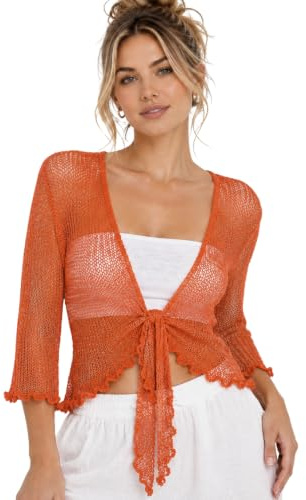 janisramone® Women s Shrugs, Double Fine Knit 3/4 Sleeve Tie Front Top, Bolero Cardigans for Women, Stretchy Cropped Cardigan, Lightweight Summer Shrug, Ladies Evening Tops