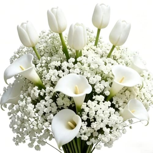 SiSinkal Ramo de flores blancas artificiales de 32 tallos con tulipanes, lirios de cala y aliento de bebé para el hogar, boda, decoración de tumbas