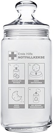 Casa Vivente Keksglas mit Gravur und Deckel, Keksdose aus Glas, Notfallkekse, Vorratsglas, Lustige Geschenkidee zum Geburtstag, Geschenk für Frauen und Männer, Weihnachtsgeschenke