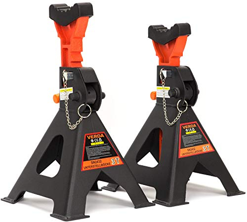 Verda Unterstellböcke 3T, 295-425 mm, VERSTÄRKT 10 stufige, Stützböcke Wagenheber Ständer Wagenbock Werkstattstände Profi Reifenwechsel Abstellbock Auto PKW Wohnmobil(1 Paar mit Sicherung 3T)