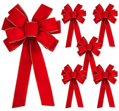 Iceyyyy 6 PCS Large Christmas Bow - 30.7 x 10.6 Christmas Valentine's Day Golden Edged Red Velvet Wreath Bow Christmas Tree Topper Ornament Bow for Christmas Home Wreath Tree Decoration