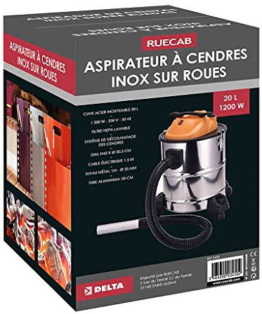 RUECAB stufa a pellet, aspirapolvere a cenere camino 20L/1200W 3450, acqua e polvere, 20L/1200W-Anti intasamento Filtro Lavabile-Serbatoio Acciaio, Grigio