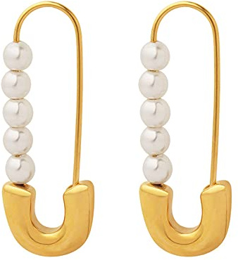Retro Perle Sicherheitsnadel Knorpel Creolen Ohrringe für Frauen Mädchen Edelstahl Imitation Perlen Niedliche Creolen baumeln Tropfen Mode Hypoallergener Schmuck Geschenke 25mm