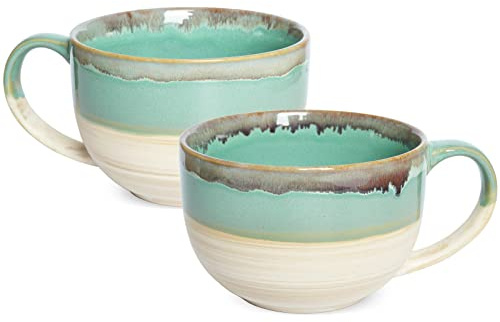 Bosmarlin Ceramic Jumbo Coffee Mug Set of 2, 23 Oz, Large Mug Soup Bowls with Handles, Dishwasher and Microwave Safe (Green)