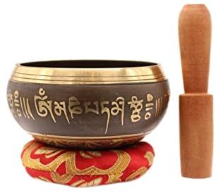 Original tibetische Klangschale mit Sockel und Holzklöppel - handgefertigt in Nepal für Heilung, Bewusstseinsbildung und Meditation (Golden Etched)