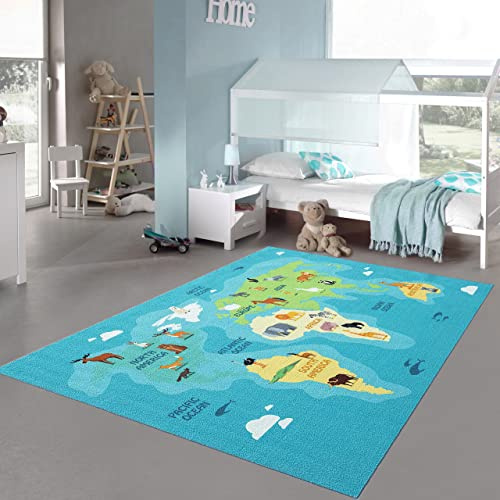 Teppich-Traum Kinderteppich Weltkarte Tiere Blau Grün 140x200 cm | Rutschfest, strapazierfähig, allergikerfreundlich, hautsympathisch und schadstofffrei, mit Kontinenten, Tierarten und Ozeanen