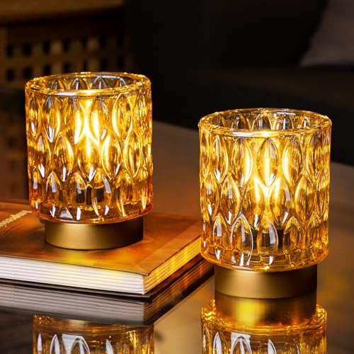 Premier Battery Operated Lamp, Small Cordless Lamp with Timer, Amber 2Pack | Glass Lampshade, Small Table Lamps for Area No Plug, Decorative Led Light for Bedroom Living Room Shelf