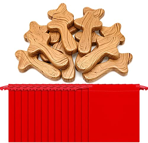 Qunclay 24 Stück kleines Handkreuz aus Kiefernholz mit Samtbeutel-Set 10,4 cm tragbar, Holztasche, Kreuz, haftendes Kreuz, Jesuskreuz, Geschenk für Gebet Palmengröße Männer Christliche Kirche Geschenk