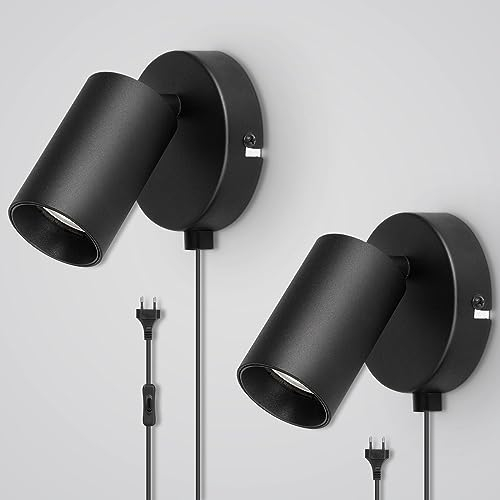 TaFiCo 2 Stücke Wandleuchte mit Stecker und Schalter - GU10 Wandlampe mit Stecker Innen Schwarz Led Wandstrahler Vintage Wandspot Drehbare 350°für Wohnzimmer Schlafzimmer Büro Ohne Glühbirne