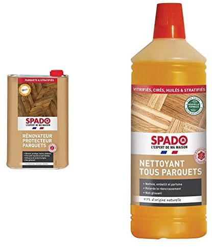 SPADO - Rénovateur Protecteur parquets - Anti rayures - Anti tâches - Brillance et éclat - 1 L & Nettoyant tous parquets - Formule retarde le ré encrassement - Parfum cire d'abeille & miel - 1L