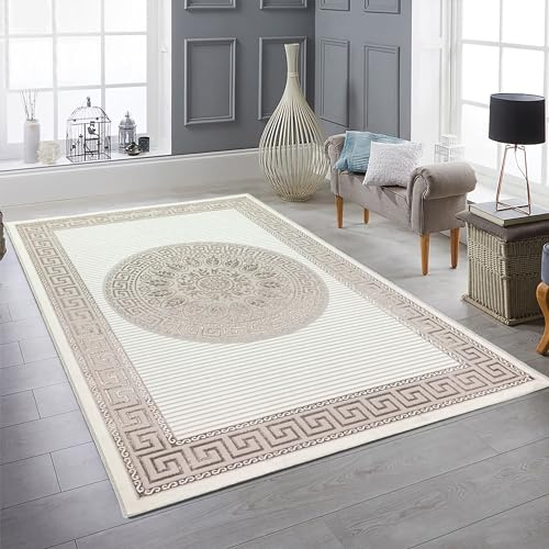 Teppich-Traum Wohnzimmer Schlafzimmer Teppich groß XXL Kurzflorteppich Designerteppich modern edel Orient glänzend Ornamente Creme beige 240 x 340 cm