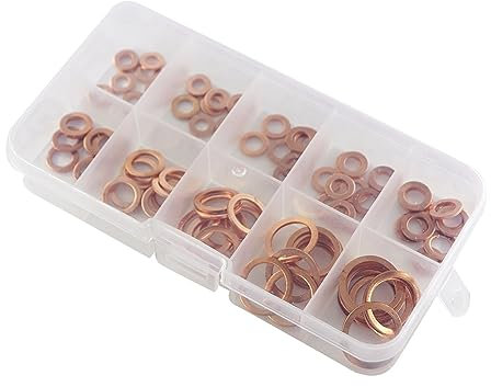 100-teiliges Kupfer-Unterlegscheiben-Dichtungs-, Muttern- und Schrauben-Set, flaches Ringdichtungs-Sortiment-Set mit Box M4/M5/M6/M8/M10/M12/M14 for Ölwannenstopfen