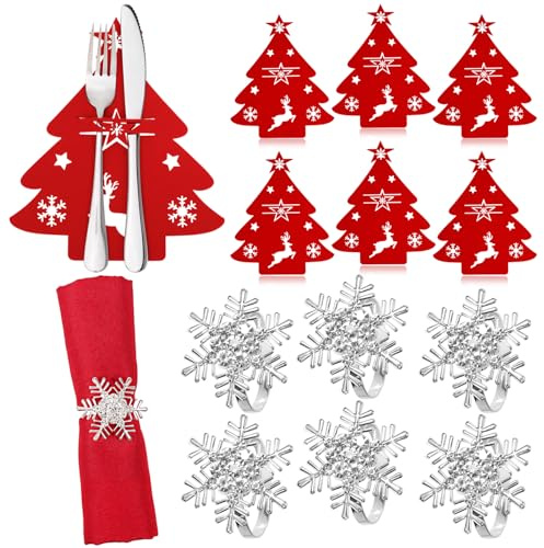 HOWAF Tischdeko Weihnachten Deko, 6 Besteckhalter Weihnachten Bestecktasche Weihnachten Weihnachtsbaum Besteckhalter, 6 Serviettenringe Weihnachten Schneeflocken Serviettenringe Table Decorative