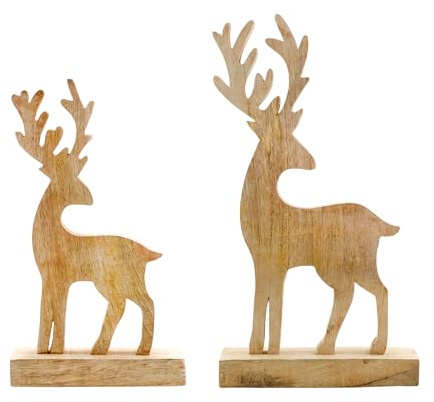 AuldHome Design Wooden Reindeer Christmas Statues (Set of 2); Primitive Style Mango Wood Holiday Figurines