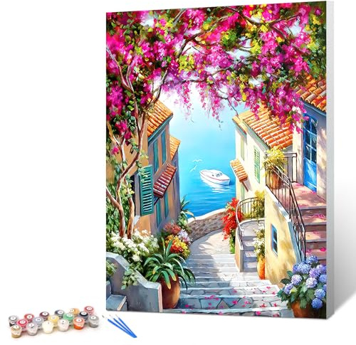 gelrovaled Peinture par Numéros pour Adulte, Peinture Acrylique pour Adultes Enfants débutants Facile sur Toile 30×40 cm avec peintures et pinceaux, Flower Town(Avec cadre)