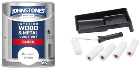 Johnstone's , Quick Dry Gloss Finish, Brilliant White 13m2 Coverage per Litre, 1.25 L & Fit For The Job 7 pc Foam Mini Paint Roller Set for Painting