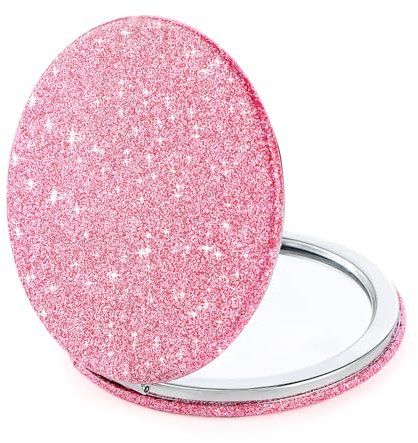 Andibro Kompaktspiegel, Glitzer Taschenspiegel Mini Runder Make-up Spiegel Faltbarer Handheld 2-seitiger 1x/2-fache Vergrößerung Kompaktspiegel Kleiner Tragbarer Handspiegel für Frauen Mädchen (Rosa)