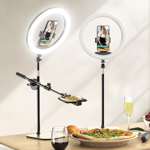 UBeesize 12 Desk Ring Light with Stand and Phone Holder, Overhead Phone Mount for Video Recording, Zoom Meeting, Live Streaming, Tiktok, YouTube，Compatible with iPhone, Android, Cameras
