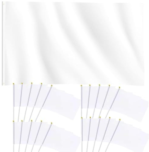 DIY Eine 90 * 150cm Blanko-Flagge und 20 Stück Mini Handgehaltene Flagge 21 * 14cm Reine Weiße Hand Winkende Fahnen mit Zwei Messing-Ösen Selbst Entworfen Polyester Party Urlaub Dekorationen | Flagge Selbst Gestalten Weiß zum Bemalen Weisse Fahne Polyesterflagge Geburtstag Partyfeiern Schule Parade Dekorationen