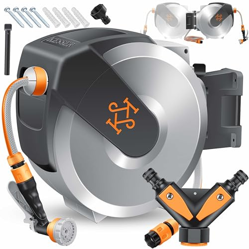 KESSER® Avvolgitubo con Tubo da Giardino 15 m, a Parete, Avvolgitubo girevole a 180° e a rientro automatico, Portagomma a Parete con Doccia a mano a 7 funzioni, Grigio Chiaro/Grigio