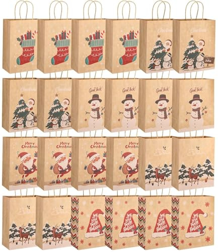 SOBEAU 24 Stück Geschenktüten Weihnachten, Papiertüten Weihnachtstüten, Kraftpapier Geschenktüten Mit Henkel, Geschenkverpackung Weihnachten für Partytasche Geschenke