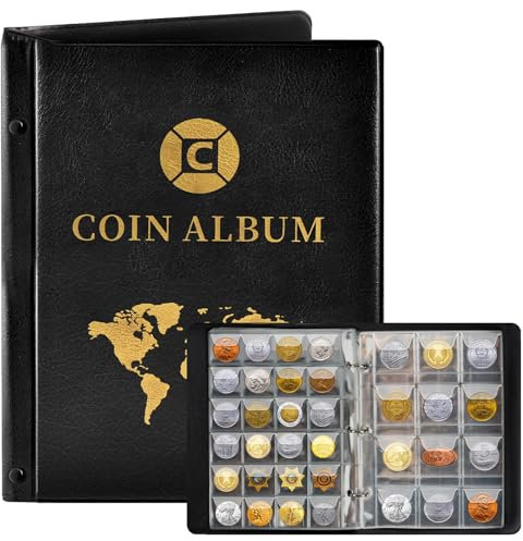 Album Coleccion de Monedas 15 Páginas 300 Bolsillos, Libro 25 x 19 cm, Transparente Con Bolsillos 4.5 x 4.5 cm