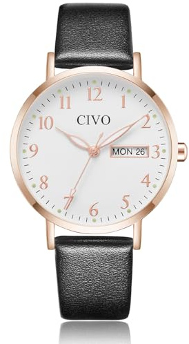 CIVO Leicht Lesbar Armbanduhr Damen: Analog Klares Zifferblatt mit Zahlen | Datum und Tag Leuchtende Zeiger Wasserdicht - Damenuhr Elegant für Casual Alltag - Geschenke für Ehefrau Mutter Senioren