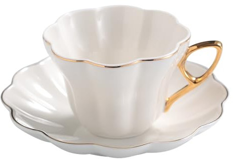 FUENYEJIA 180ML Coffee Cup and Saucer Set, English Style, Ceramic, Bone China with Gold Painting, Pure White Milk Cup with Floral Design