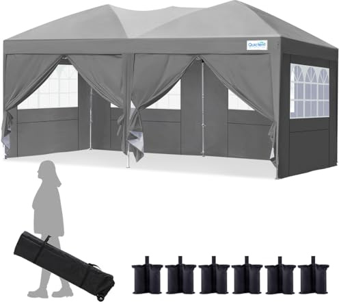 Quictent Faltpavillon 3x6m mit 6 Seitenwänden, Pop up Gartenpavillon mit Rollentasche, Pavillon Partyzelt 3x6 wasserdicht stabil, für Party im Freien, Hochzeiten, Fest, UV 50+, Grau