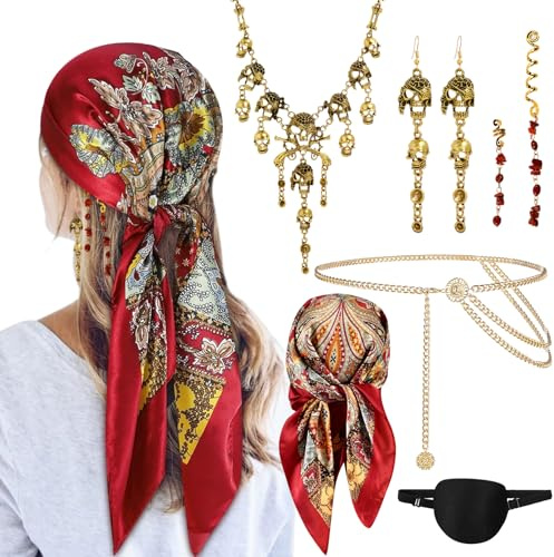 Znnhnn 7PCS Piraten Accessoires Set, Mittelalter Piratenkostüm Zubehör Set | Kopftuch,Augenklappe,Ohrringe,Halskette,Hüfte,Haarschmuck*2, für Karneval Verkleidung Cosplay Halloween