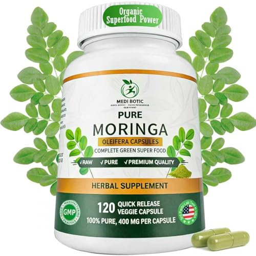 Organic Moringa Capsules 800mg for Energy, Immune Support, Gut Health & Powerful Green Superfood, Rich In Antioxidants, Essential Vitamins & Amino Acids, Non-GMO & Gluten Free (120 Count Pack of 1)