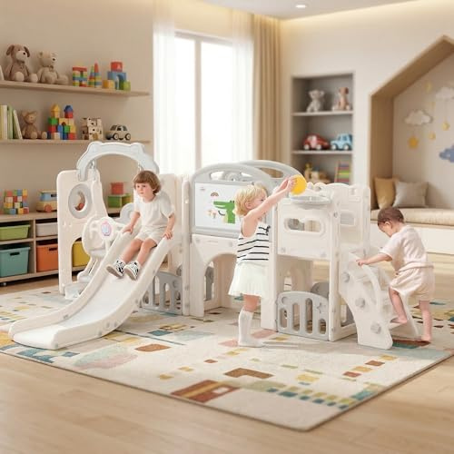 Bebikim 12 in 1 Outdoor Toddler Playsets with for Swing 1-3 Years Toddlers Playground Swing Set Indoor Slide for Kids, Climber Tunnel with Basketball Hoop for Backyard