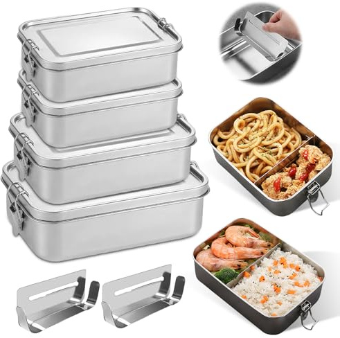 4pcs Bento-Box aus Edelstahl, 850 ml, 1400 ml, 2 Stück 550 ml, Lunchboxen aus Edelstahl, Bento-Box mit Fächern, Bento-Boxen für Picknick, Arbeit, Schule