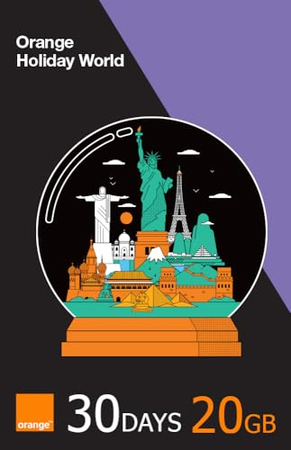 Carte SIM Orange Holiday World | 30 Jours | 20 Go Internet 5G/4G/LTE | 15 Min + 50 SMS Monde | Préchargée, préactivée | Partage Hotspot autorisé | Compatible iPhone et Android.